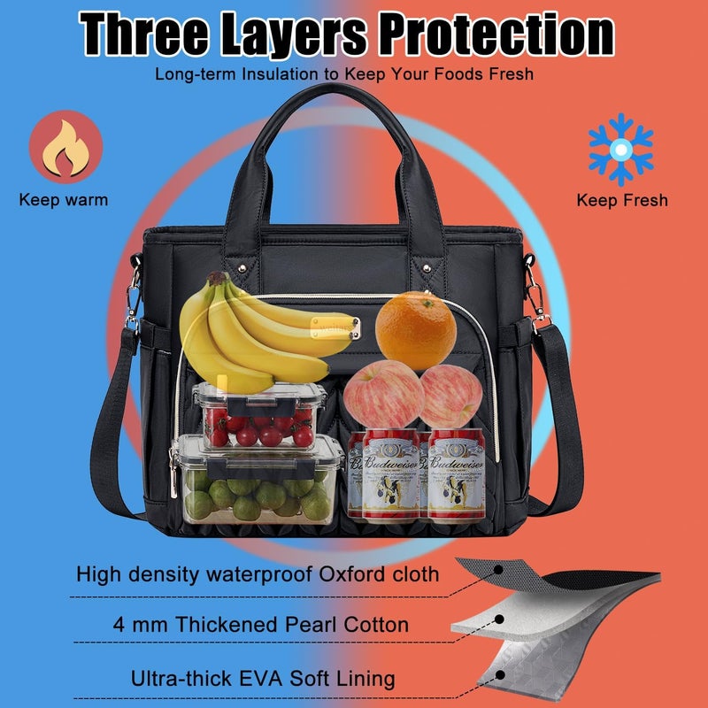 Weitars Insulated Lunch Bag for Women,Leak Proof Lunch Box for Work,Extra Large Lunch Tote Bag With Removable Shoulder Strap with Side Pockets,Reusable Lunch Bag For Picnic Hiking (Black-02) - Image 5